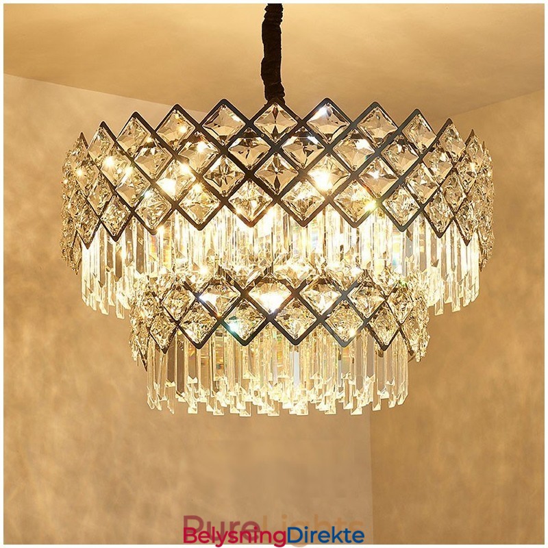 To-Etasjes Luksuriøs Postmoderne Svart Og Gull Rund K9 Krystall Anhengslysekrone