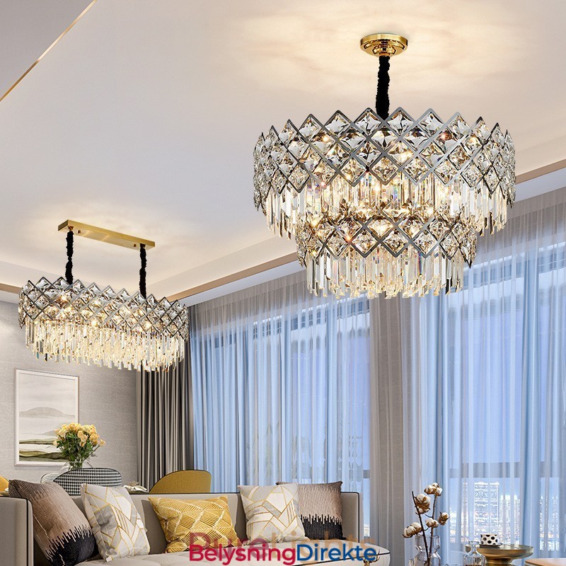 To-Etasjes Luksuriøs Postmoderne Svart Og Gull Rund K9 Krystall Anhengslysekrone