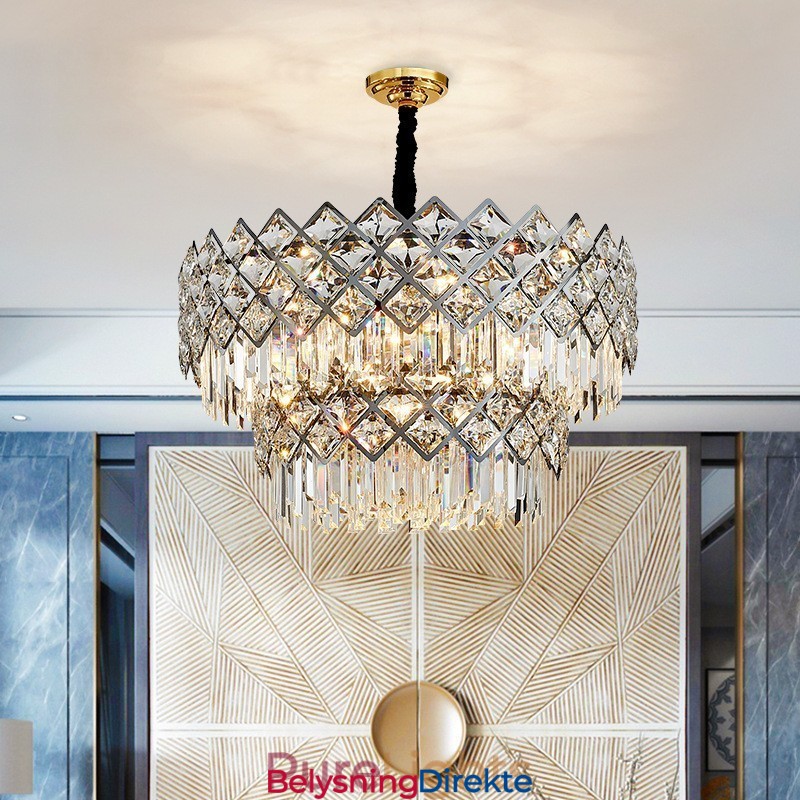 To-Etasjes Luksuriøs Postmoderne Svart Og Gull Rund K9 Krystall Anhengslysekrone