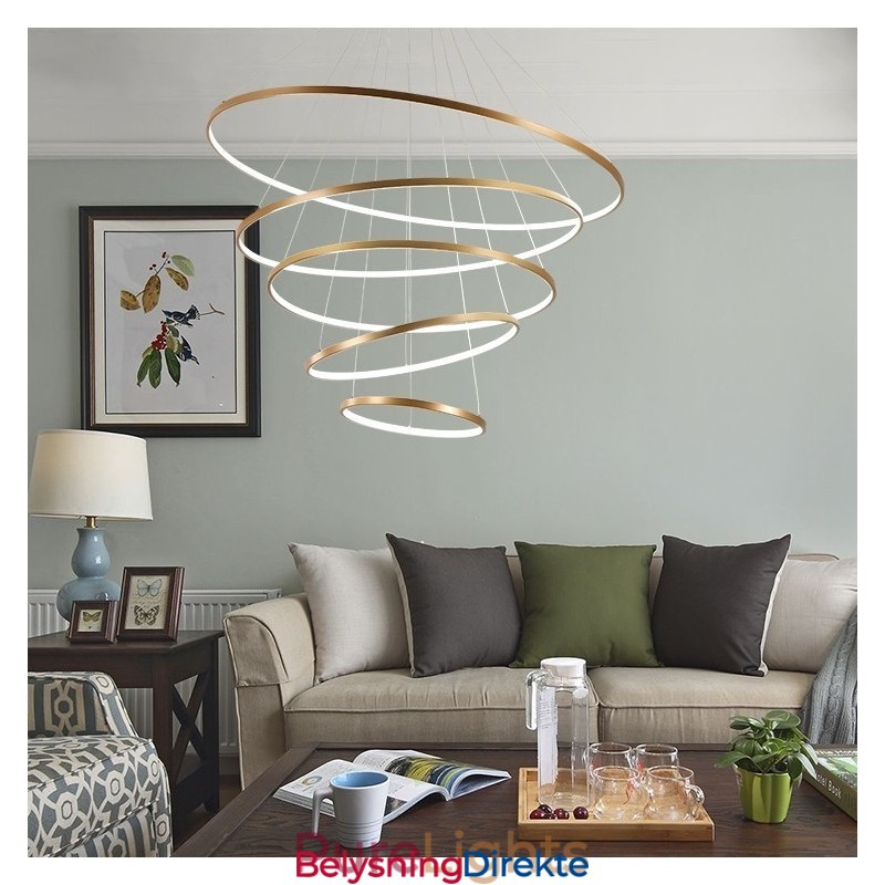 Stor Pendellampe Med 4 Ringer Og 5 Ringer I Svart Og Hvitt Gull, Moderne Design