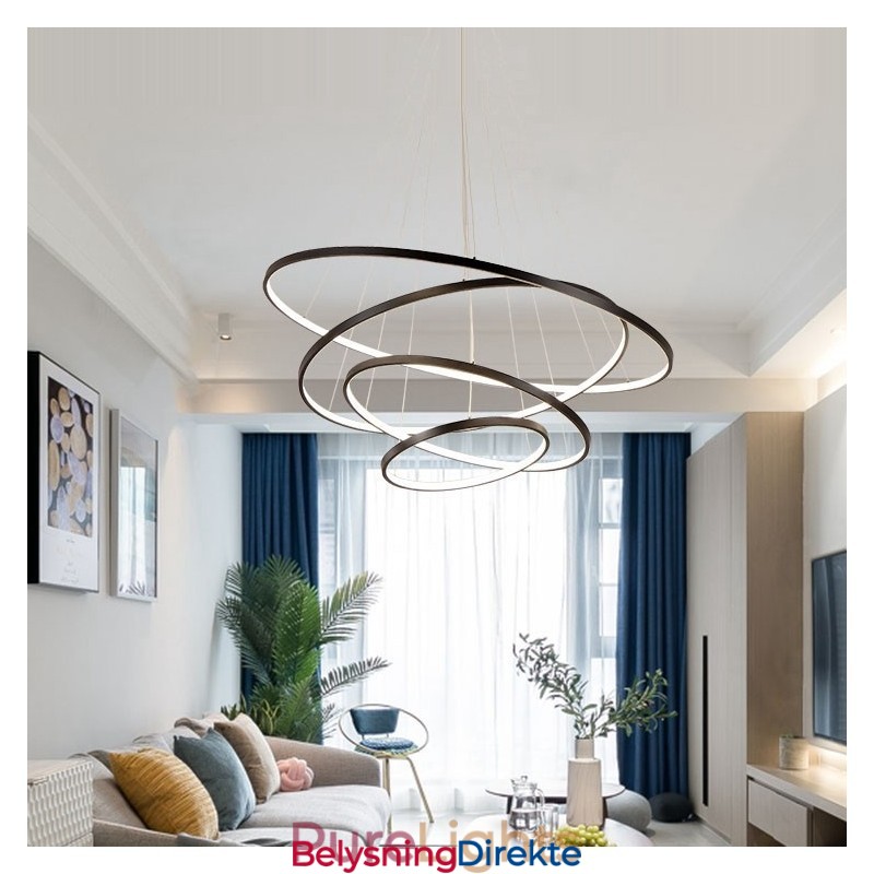 Stor Pendellampe Med 4 Ringer Og 5 Ringer I Svart Og Hvitt Gull, Moderne Design