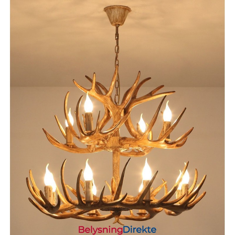 12 (8+4) Lys 2-Etasjes Rustikk Kunstnerisk Retro Gevir Antikk Lysekrone