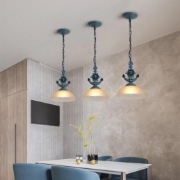 En Lyseblå Rustikk Kunstnerisk Retro Antikk Pendellampe Med Glassskjerm