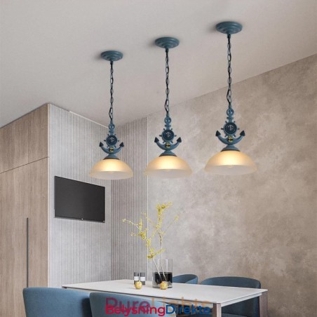 En Lyseblå Rustikk Kunstnerisk Retro Antikk Pendellampe Med Glassskjerm