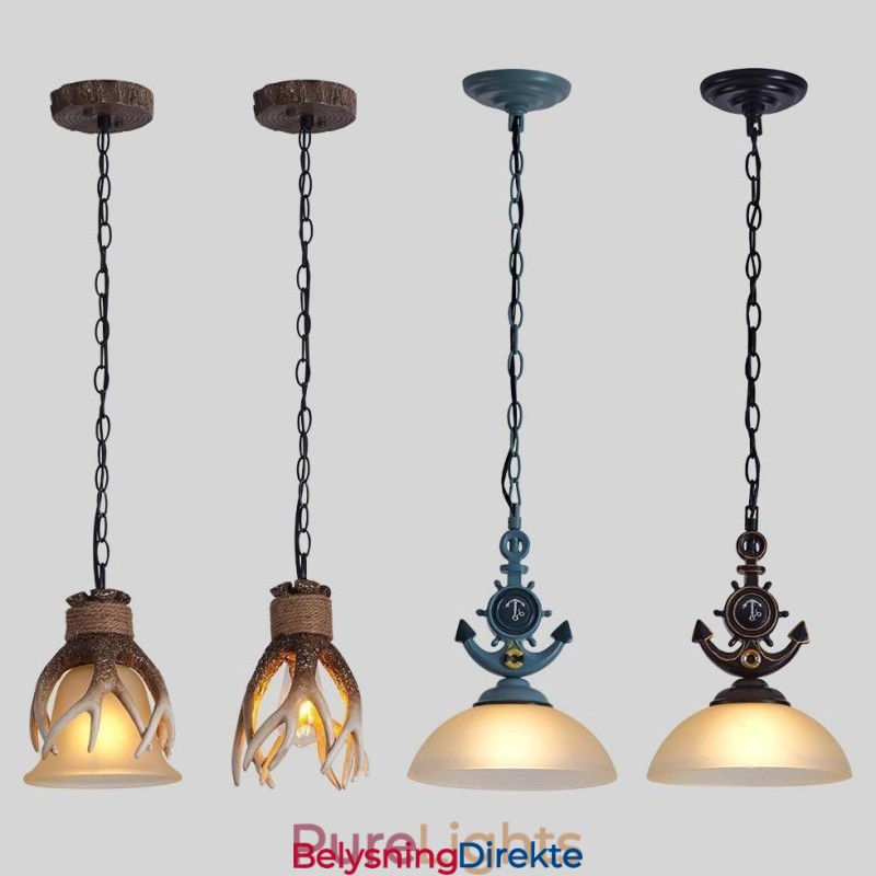 En Lyseblå Rustikk Kunstnerisk Retro Antikk Pendellampe Med Glassskjerm