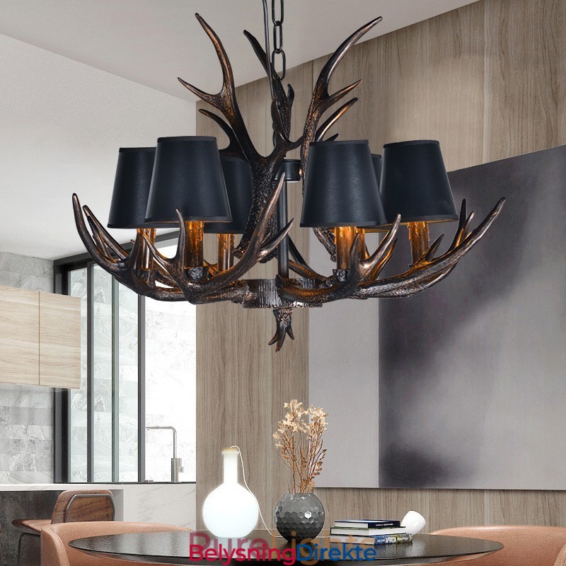 6 Lys Svart Rustikk Kunstnerisk Retro Gevir Antikk Lysekrone Med Skjermer