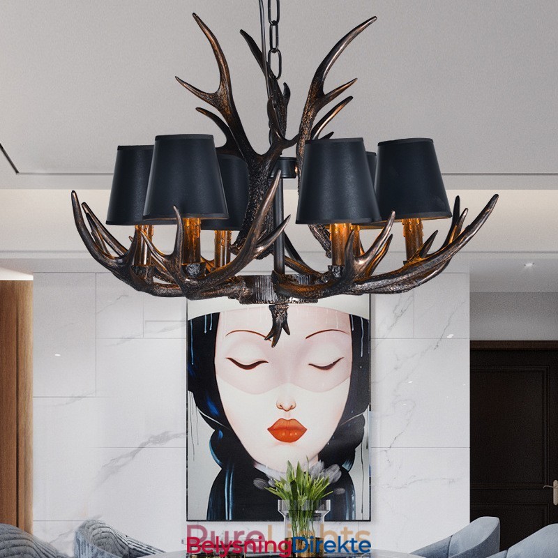 6 Lys Svart Rustikk Kunstnerisk Retro Gevir Antikk Lysekrone Med Skjermer