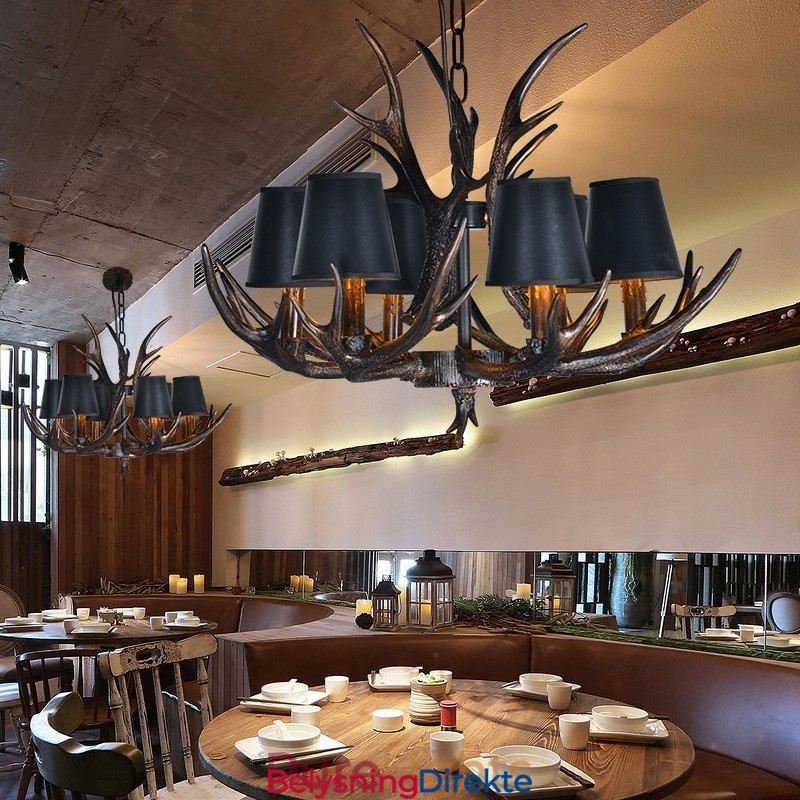 6 Lys Svart Rustikk Kunstnerisk Retro Gevir Antikk Lysekrone Med Skjermer