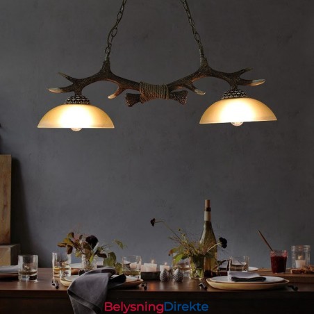 2 Lys I Svart, Rustikk, Kunstnerisk Retro-Anhengslampe Med Gevir Og Glassskjerm