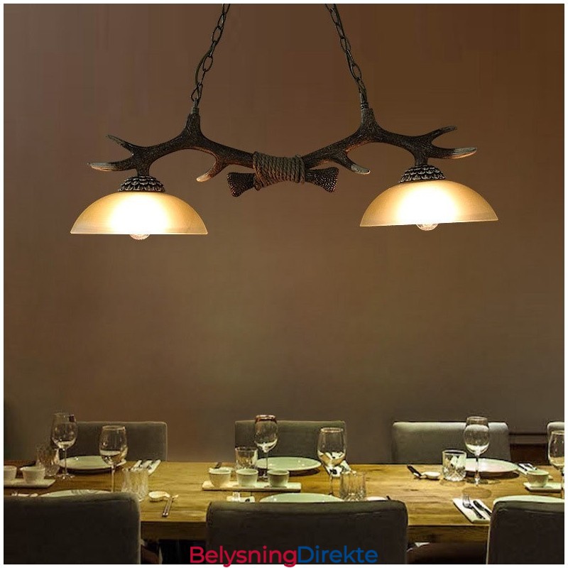 2 Lys I Svart, Rustikk, Kunstnerisk Retro-Anhengslampe Med Gevir Og Glassskjerm