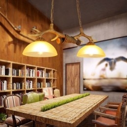 2 Lysebrune Rustikke Kunstneriske Retro Gevir Antikk Pendellamper Med Glassskjerm