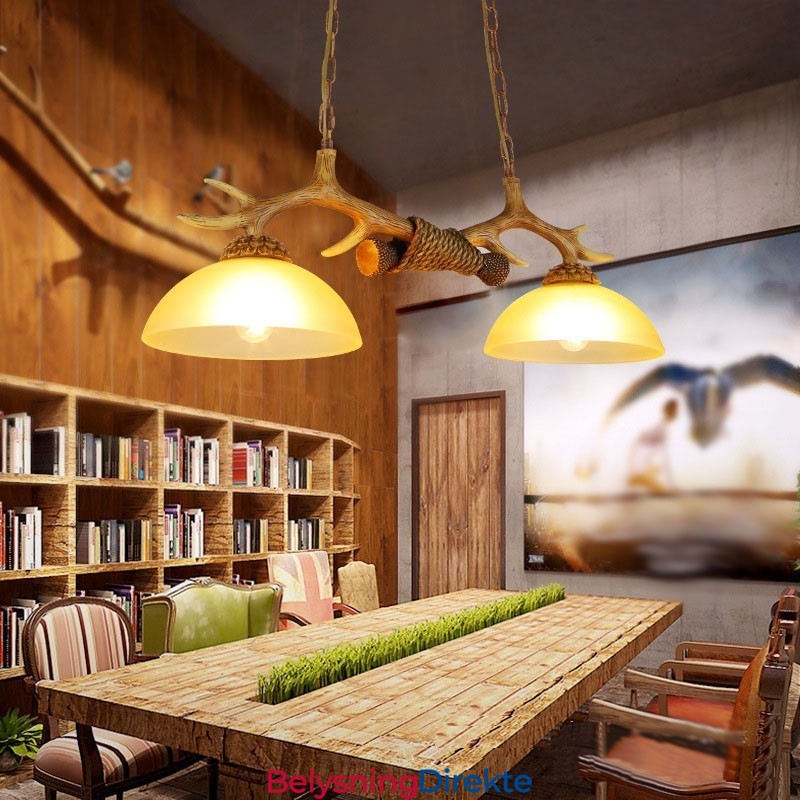 2 Lysebrune Rustikke Kunstneriske Retro Gevir Antikk Pendellamper Med Glassskjerm