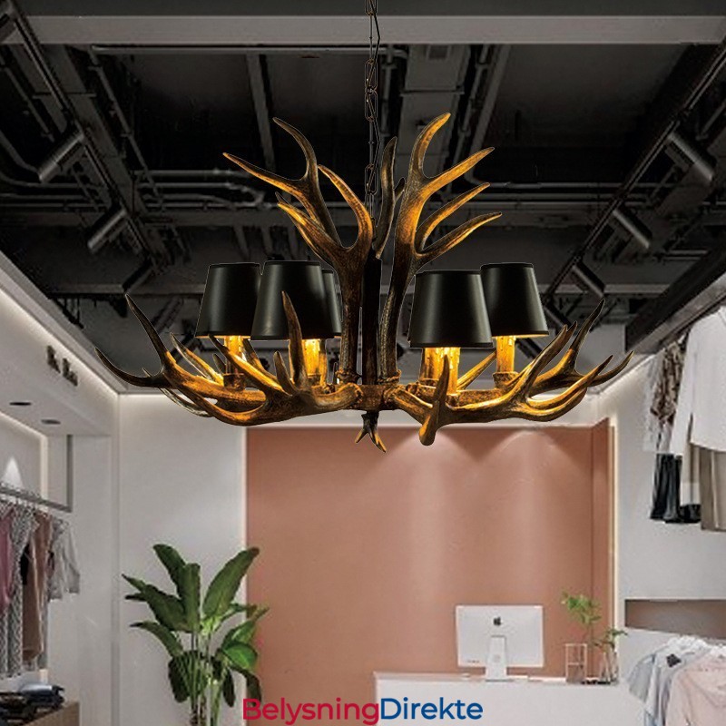 6 Lys Svart Rustikk Kunstnerisk Retro Gevir Antikk Lysekrone Med Skjermer