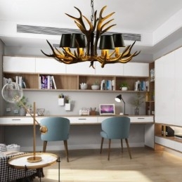 6 Lys Svart Rustikk Kunstnerisk Retro Gevir Antikk Lysekrone Med Skjermer