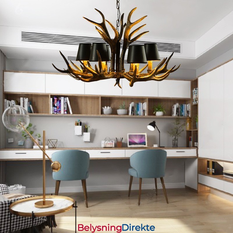 6 Lys Svart Rustikk Kunstnerisk Retro Gevir Antikk Lysekrone Med Skjermer