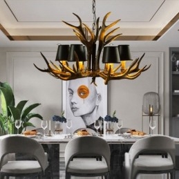 6 Lys Svart Rustikk Kunstnerisk Retro Gevir Antikk Lysekrone Med Skjermer