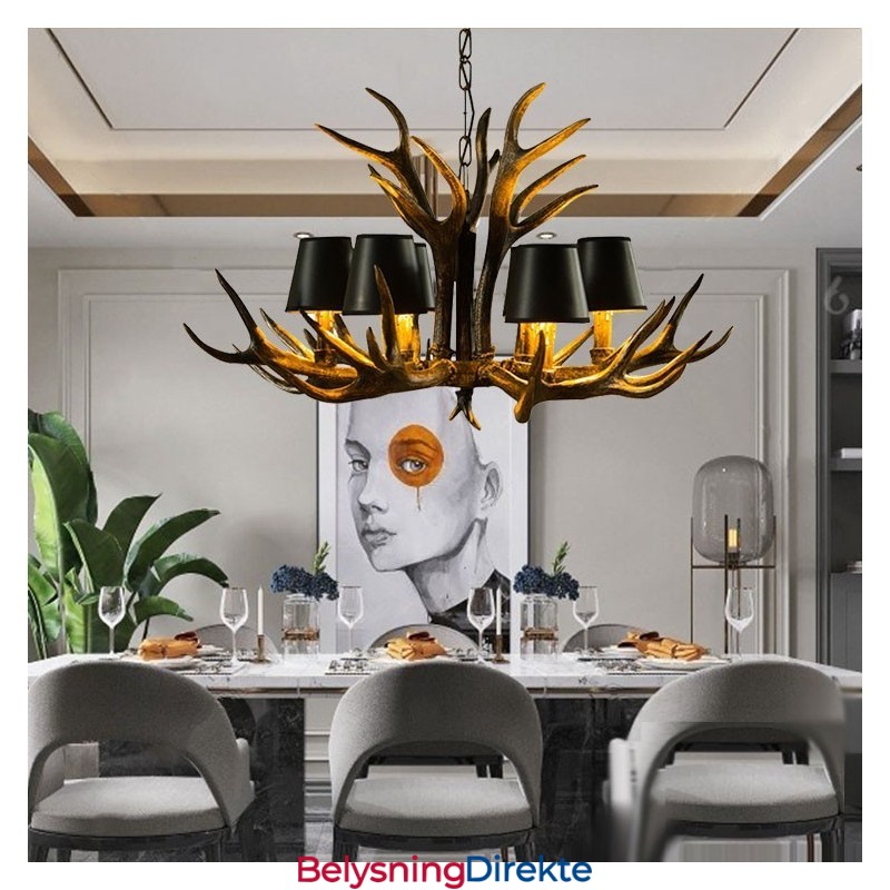 6 Lys Svart Rustikk Kunstnerisk Retro Gevir Antikk Lysekrone Med Skjermer