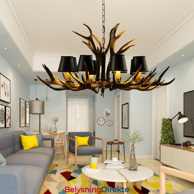 8 Lys Svart Rustikk Kunstnerisk Retro Gevir Antikk Lysekrone Med Skjermer