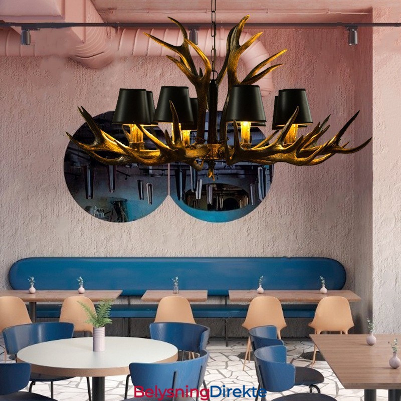 8 Lys Svart Rustikk Kunstnerisk Retro Gevir Antikk Lysekrone Med Skjermer