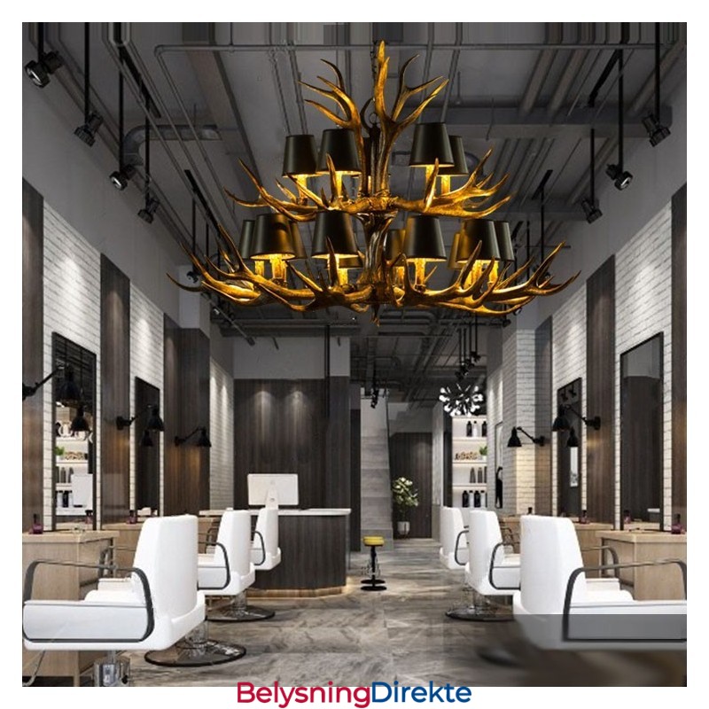 15 Lys Svart Rustikk Kunstnerisk Retro Gevir Antikk Lysekrone Med Skjermer