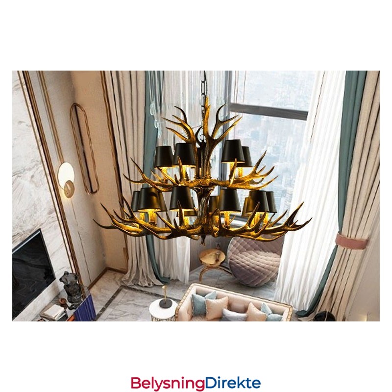 15 Lys Svart Rustikk Kunstnerisk Retro Gevir Antikk Lysekrone Med Skjermer