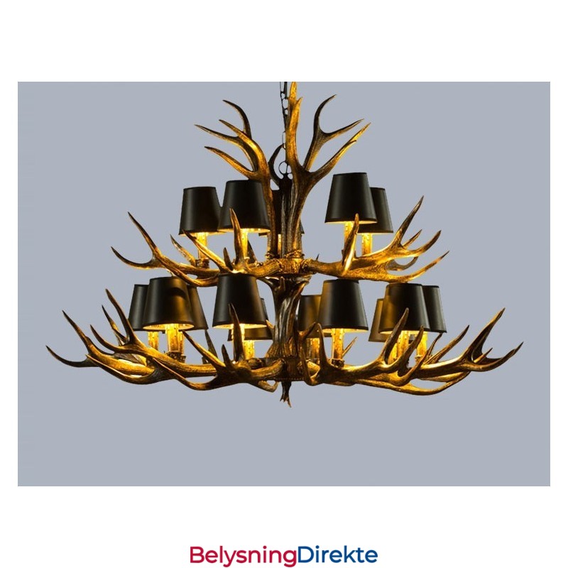 15 Lys Svart Rustikk Kunstnerisk Retro Gevir Antikk Lysekrone Med Skjermer