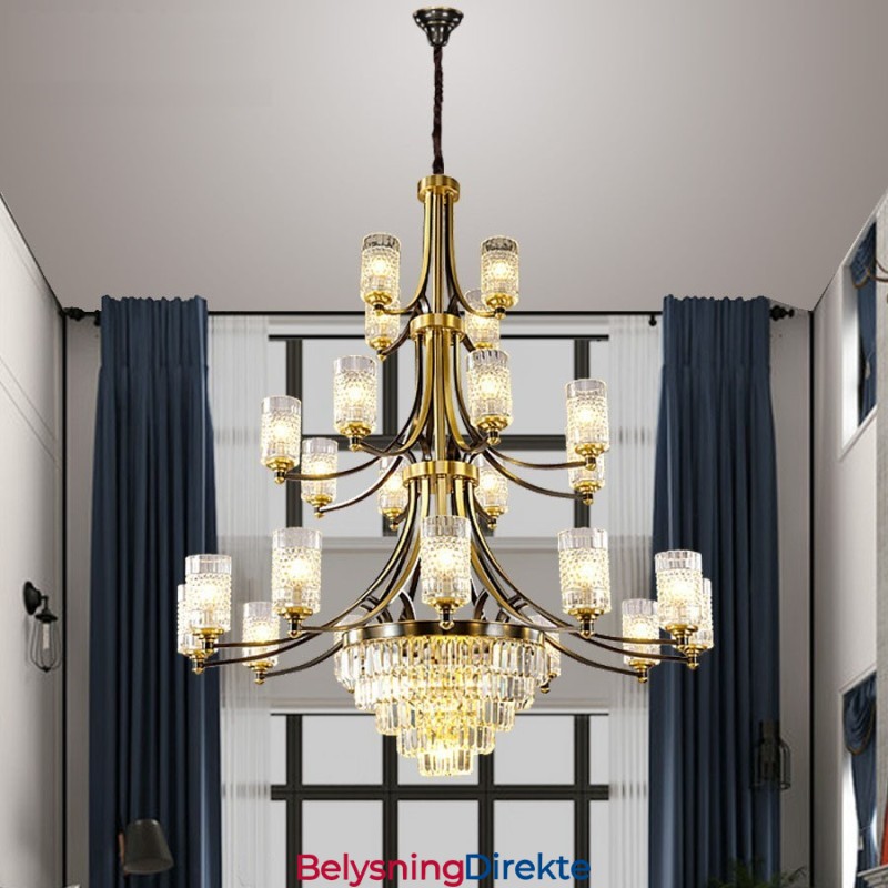 Stor Luksuriøs Krystalllysekrone I Kobber For 12+8+4 Lysholdere