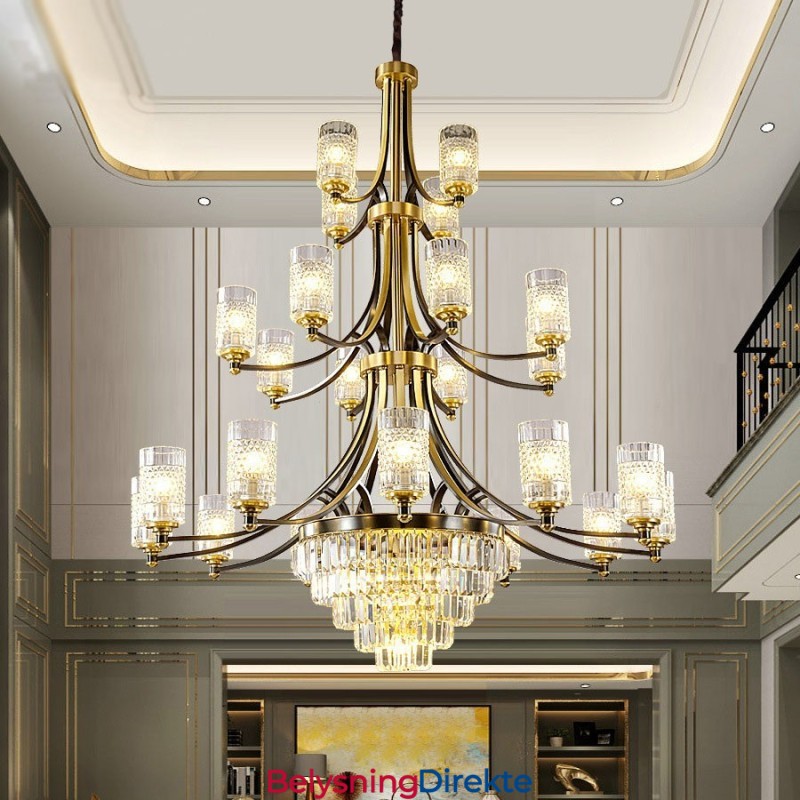 Stor Luksuriøs Krystalllysekrone I Kobber For 12+8+4 Lysholdere