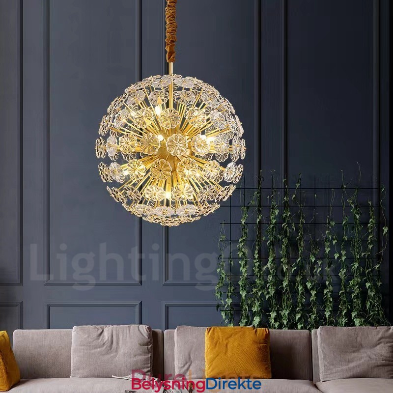 Nordisk Sfærisk Messing Løvetann Krystall Pendellampe
