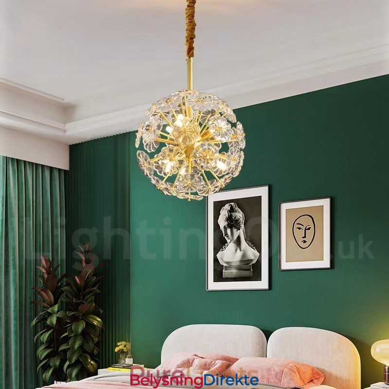 Nordisk Sfærisk Messing Løvetann Krystall Pendellampe