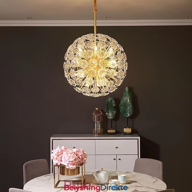 Nordisk Sfærisk Messing Løvetann Krystall Pendellampe