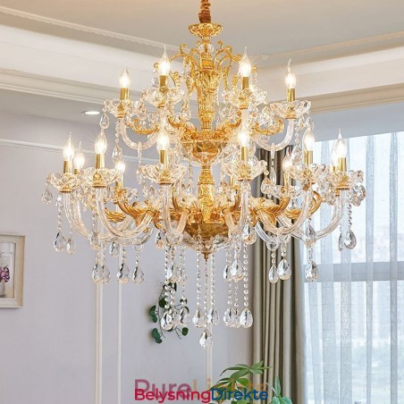 Luksuriøs Gullfarget Krystalllysekrone Med 18 Lys, To Etasjer