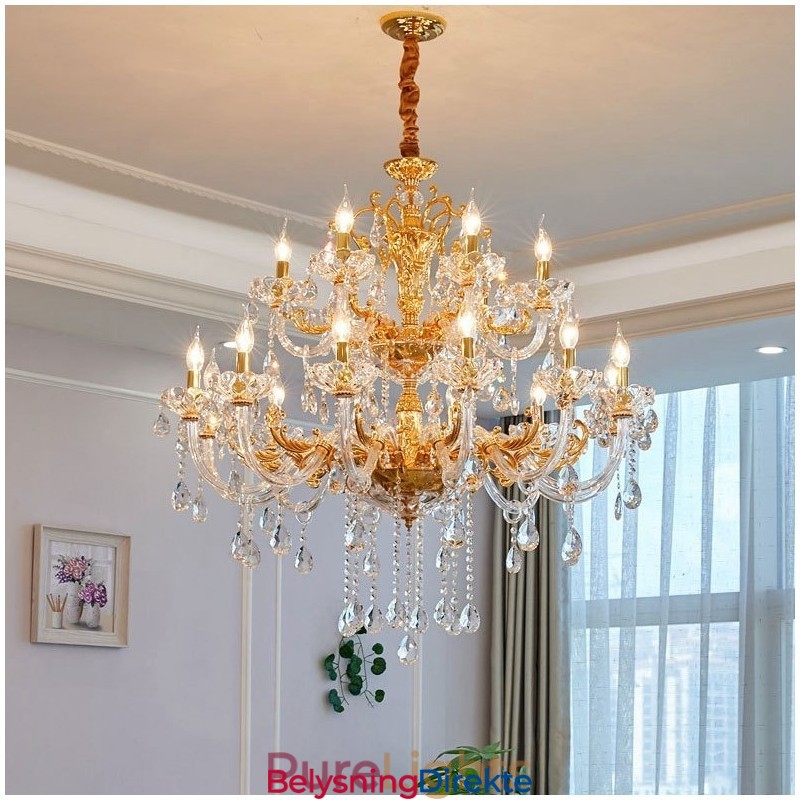 Luksuriøs Gullfarget Krystalllysekrone Med 18 Lys, To Etasjer