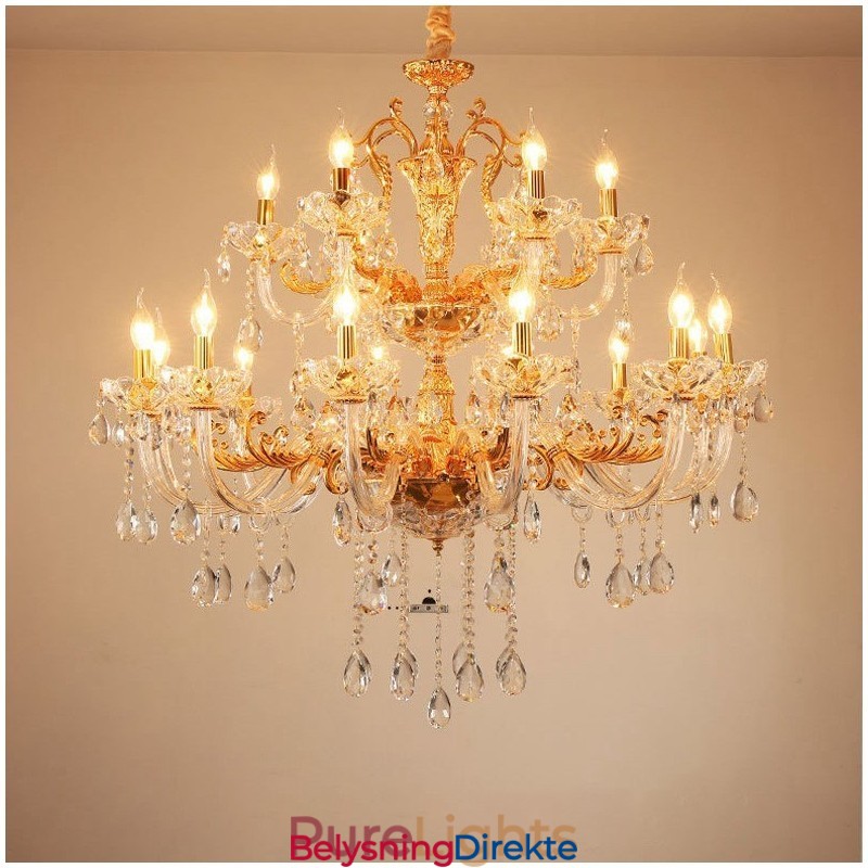 Luksuriøs Gullfarget Krystalllysekrone Med 18 Lys, To Etasjer