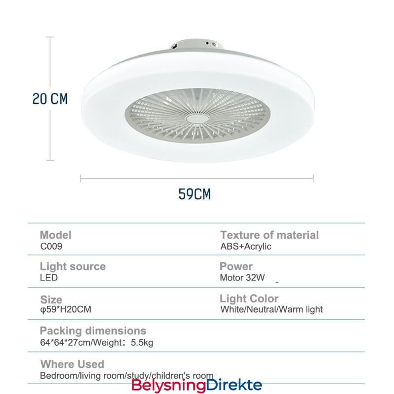 Vifte I Taklampe Med Trikromatisk Dimming Og 3-Trinns Fjernkontroll