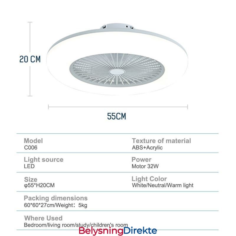 Vifte I Taklampe Med Trikromatisk Dimming Og Fjernkontroll, 3 Hastigheter