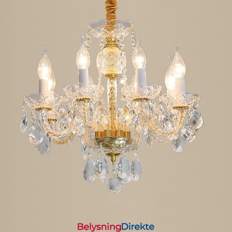 Europeisk Klar Krystalllysekrone I Glass, Lampehus, 8 Lys, Gullfarget Taklampe