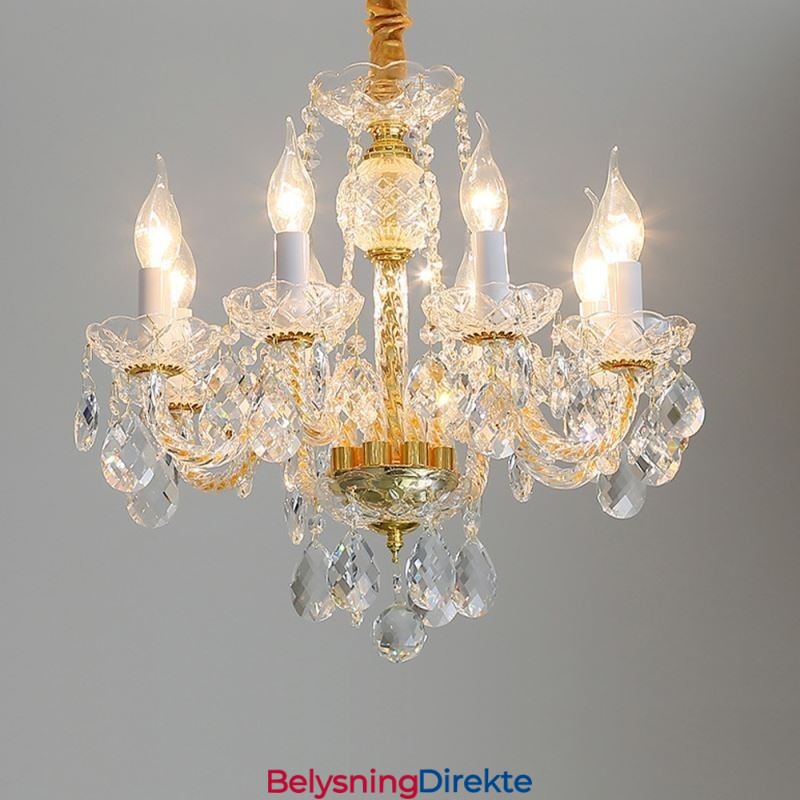 Europeisk Klar Krystalllysekrone I Glass, Lampehus, 8 Lys, Gullfarget Taklampe