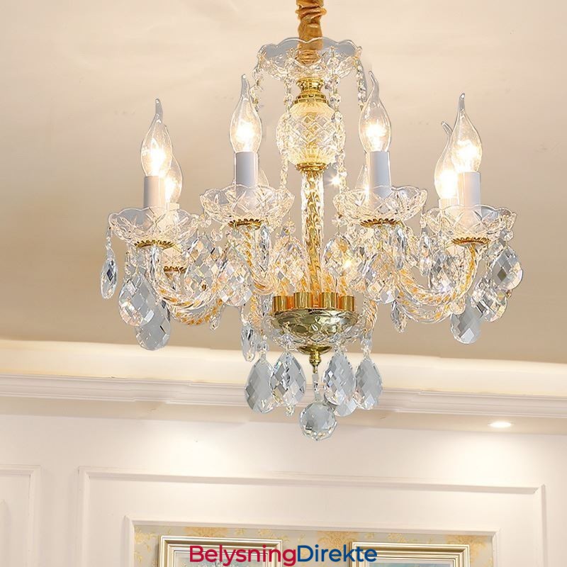 Europeisk Klar Krystalllysekrone I Glass, Lampehus, 8 Lys, Gullfarget Taklampe