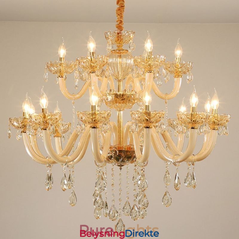 Elegant Krystalllysekrone I Europeisk Konjakkfarget Taklampe I Glass Med Dobbelt Lag, 12+6 Lys