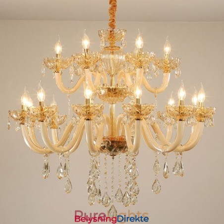 Elegant Krystalllysekrone I Europeisk Konjakkfarget Taklampe I Glass Med Dobbelt Lag, 12+6 Lys