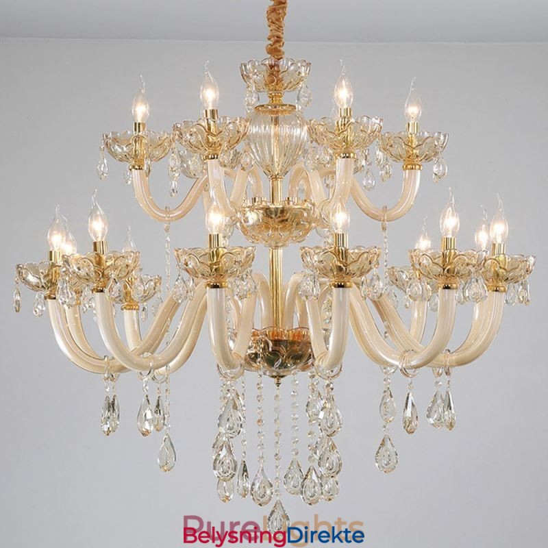 Elegant Krystalllysekrone I Europeisk Konjakkfarget Taklampe I Glass Med Dobbelt Lag, 12+6 Lys