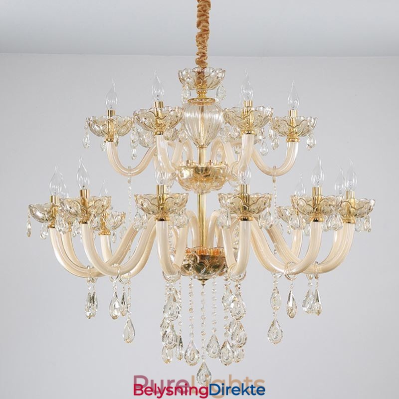 Elegant Krystalllysekrone I Europeisk Konjakkfarget Taklampe I Glass Med Dobbelt Lag, 12+6 Lys