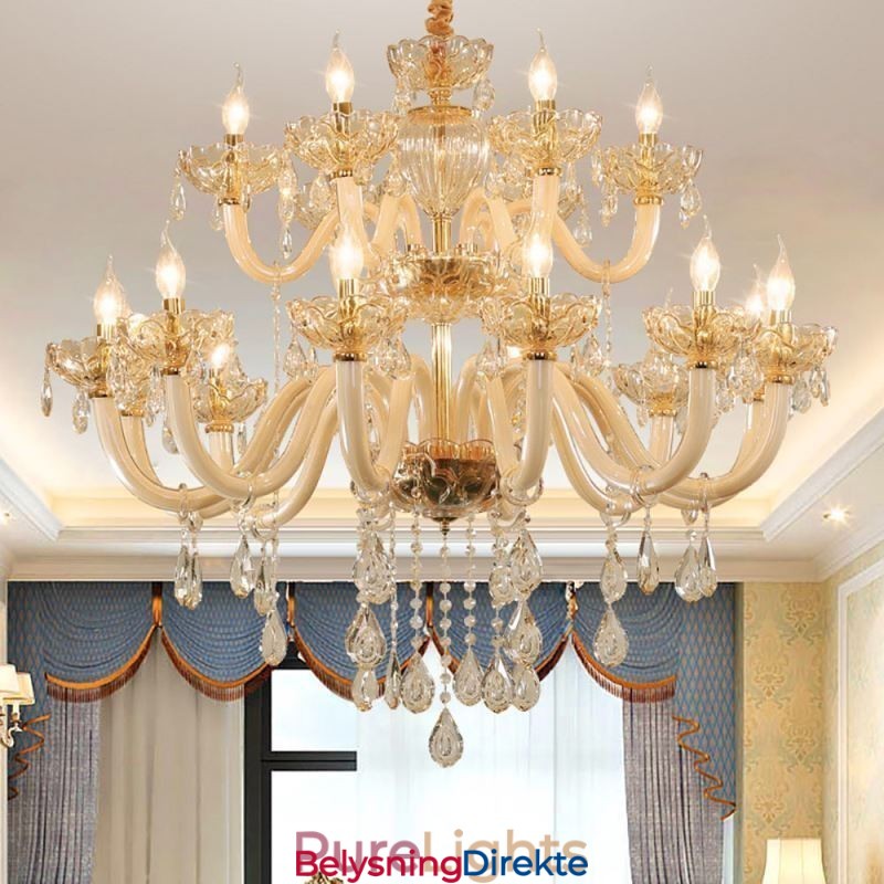 Elegant Krystalllysekrone I Europeisk Konjakkfarget Taklampe I Glass Med Dobbelt Lag, 12+6 Lys