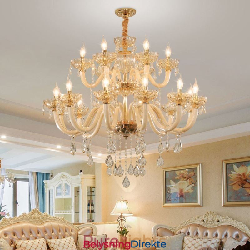 Elegant Krystalllysekrone I Europeisk Konjakkfarget Taklampe I Glass Med Dobbelt Lag, 12+6 Lys