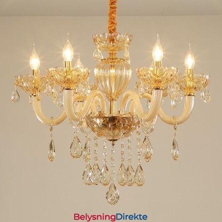 Nydelig Krystalllysekrone I Europeisk Konjakkfarget Taklampe I Glass Med 8 Lys