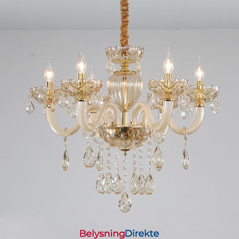 Nydelig Krystalllysekrone I Europeisk Konjakkfarget Taklampe I Glass Med 8 Lys