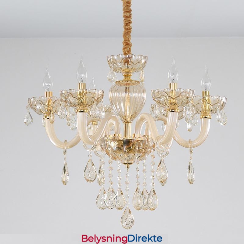 Nydelig Krystalllysekrone I Europeisk Konjakkfarget Taklampe I Glass Med 8 Lys