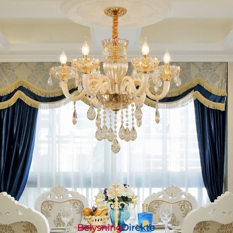 Nydelig Krystalllysekrone I Europeisk Konjakkfarget Taklampe I Glass Med 8 Lys