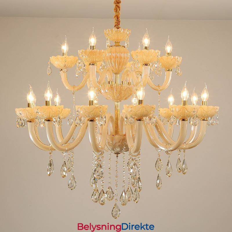 Luksuriøs Krystalllysekrone I Europeisk Konjakkfarget Taklampe Med Glasshus, Dobbelt Lag, 12+6 Lys